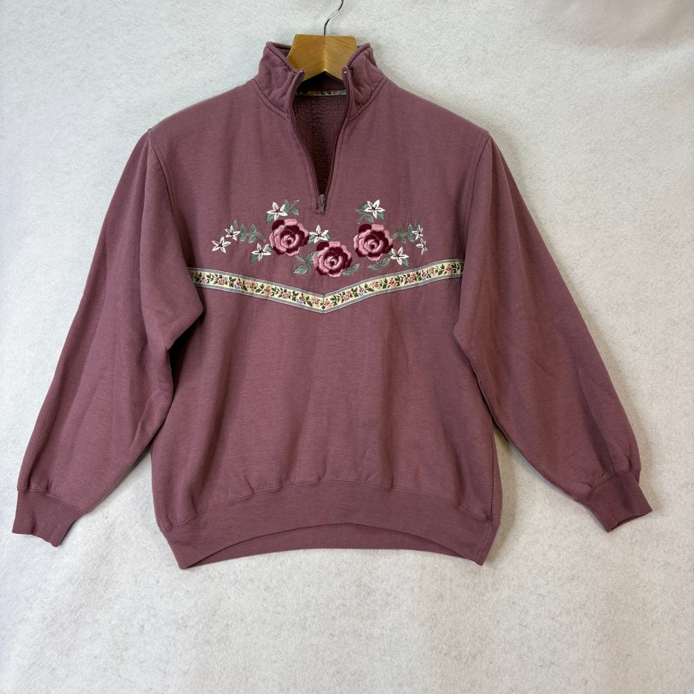 Womens Floral Embroidered Mauve 1/4 Zip Sweatshirt M Cottagecore Grandmacore *